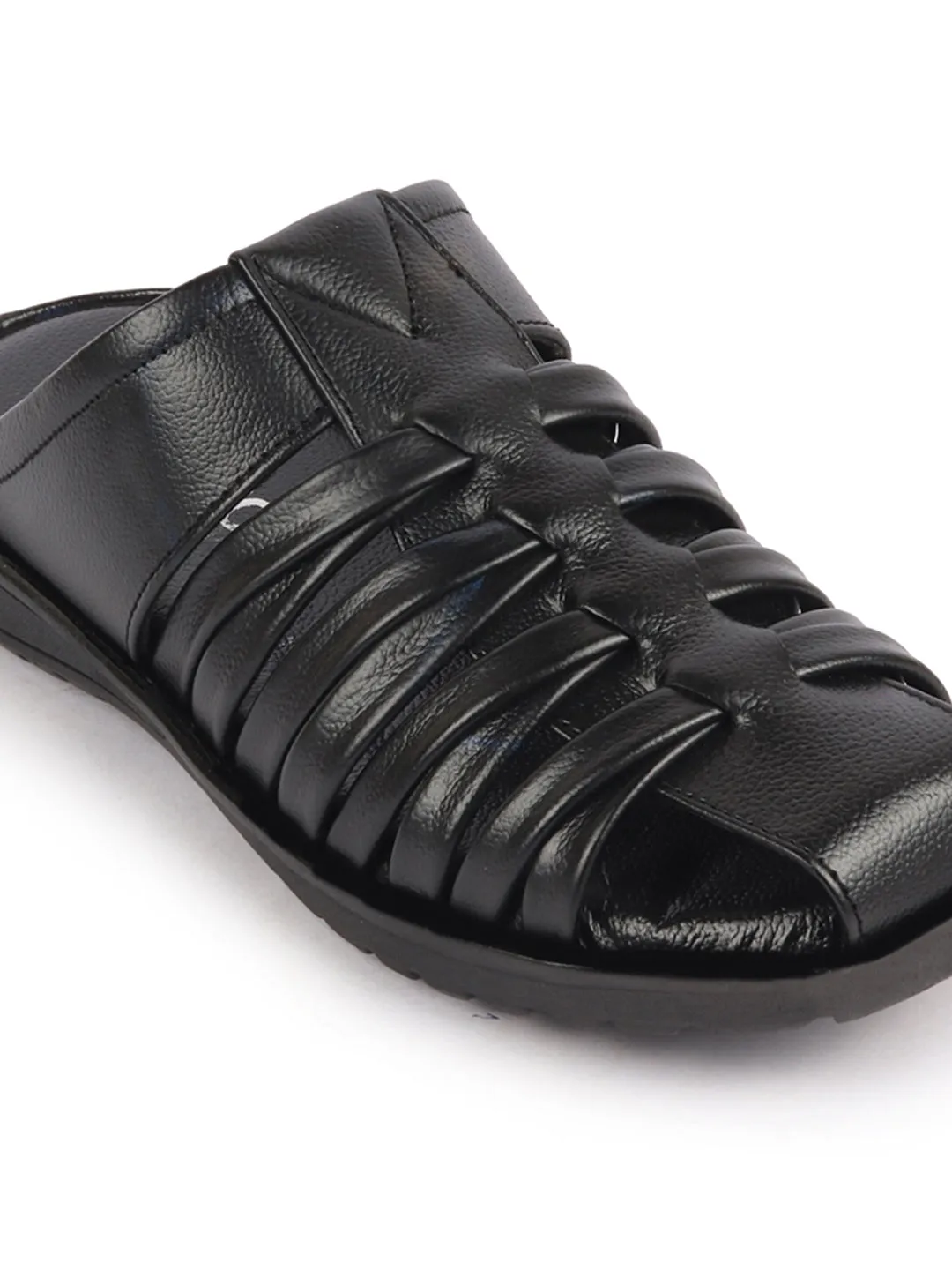 Men Black Genuine Leather Criss Cross Strap Back Open Slip On Dress Sandals