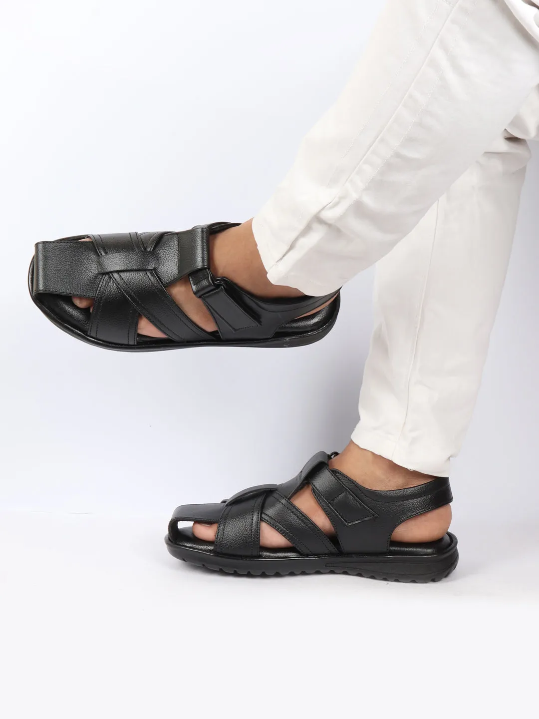 Men Black Genuine Leather Hook & Loop Closed Toe Fisherman Roman Sandals