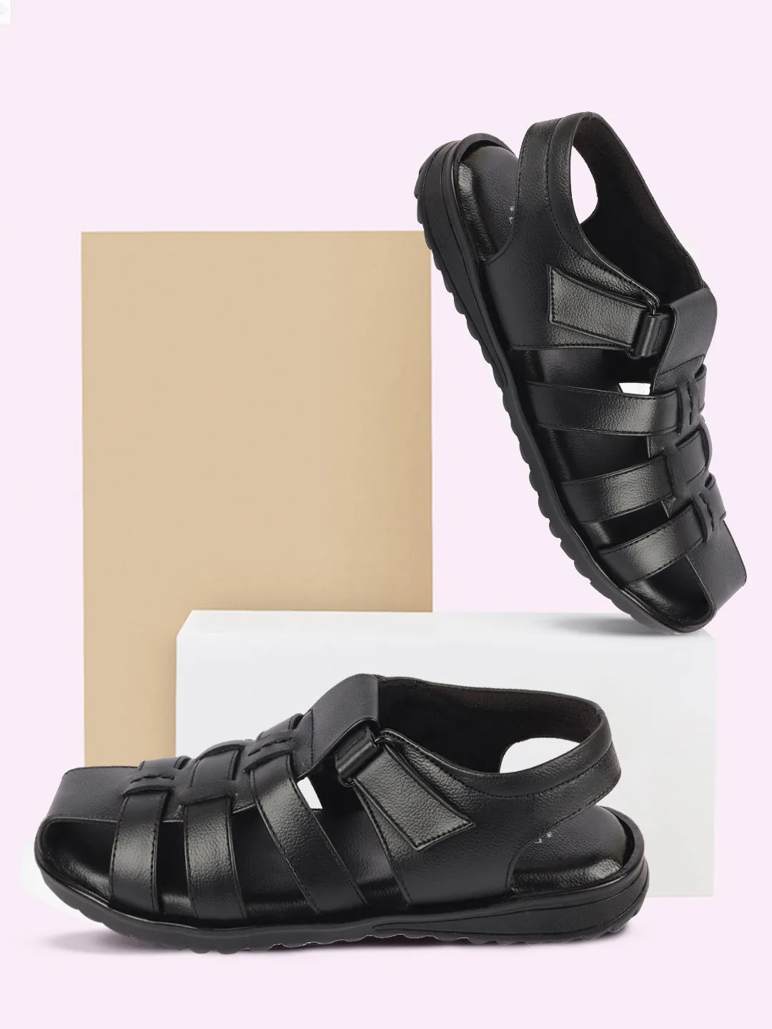 Men Black Genuine Leather Multi Strap Closed Toe Roman Sandals