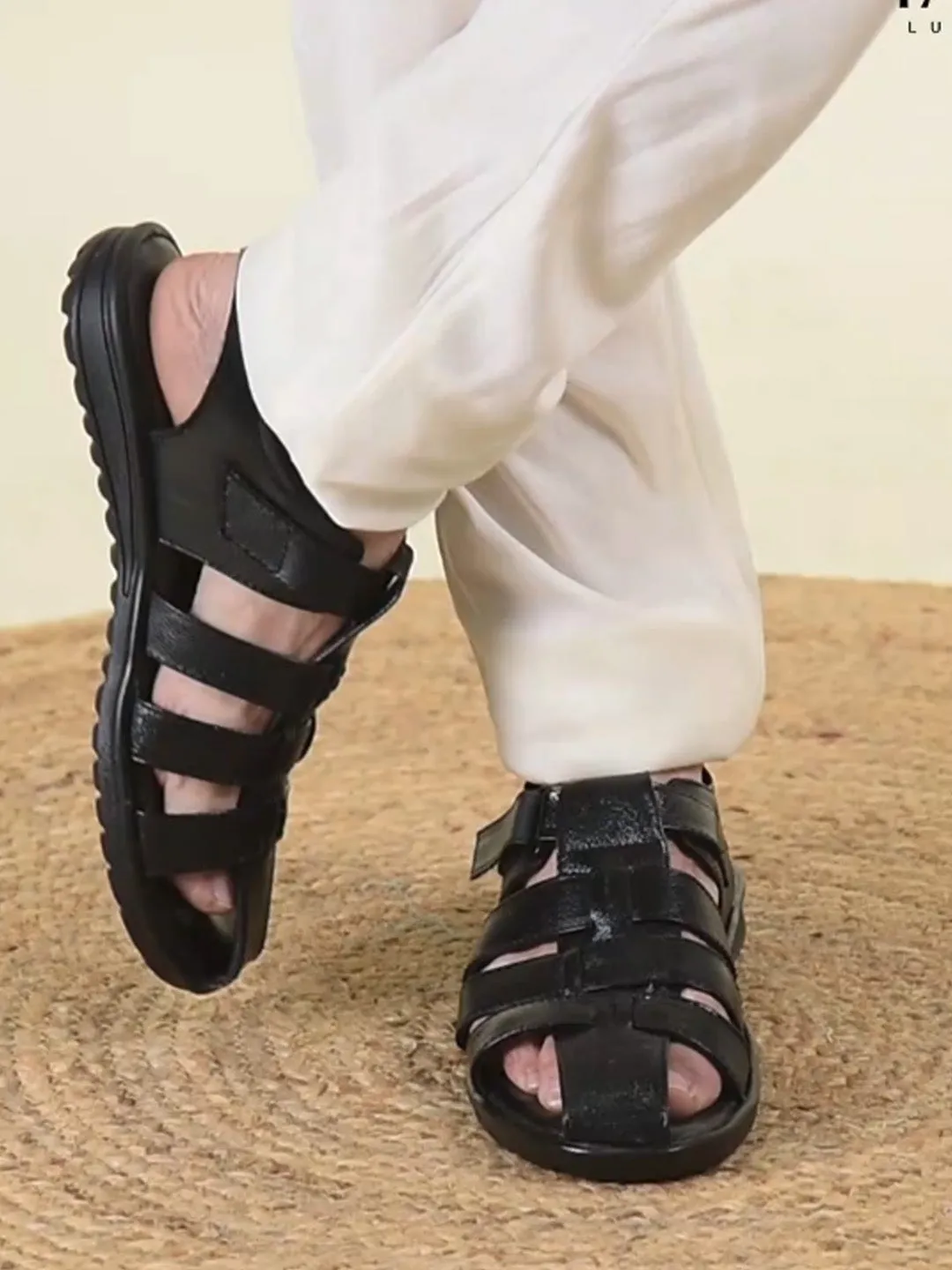 Men Black Genuine Leather Multi Strap Closed Toe Roman Sandals