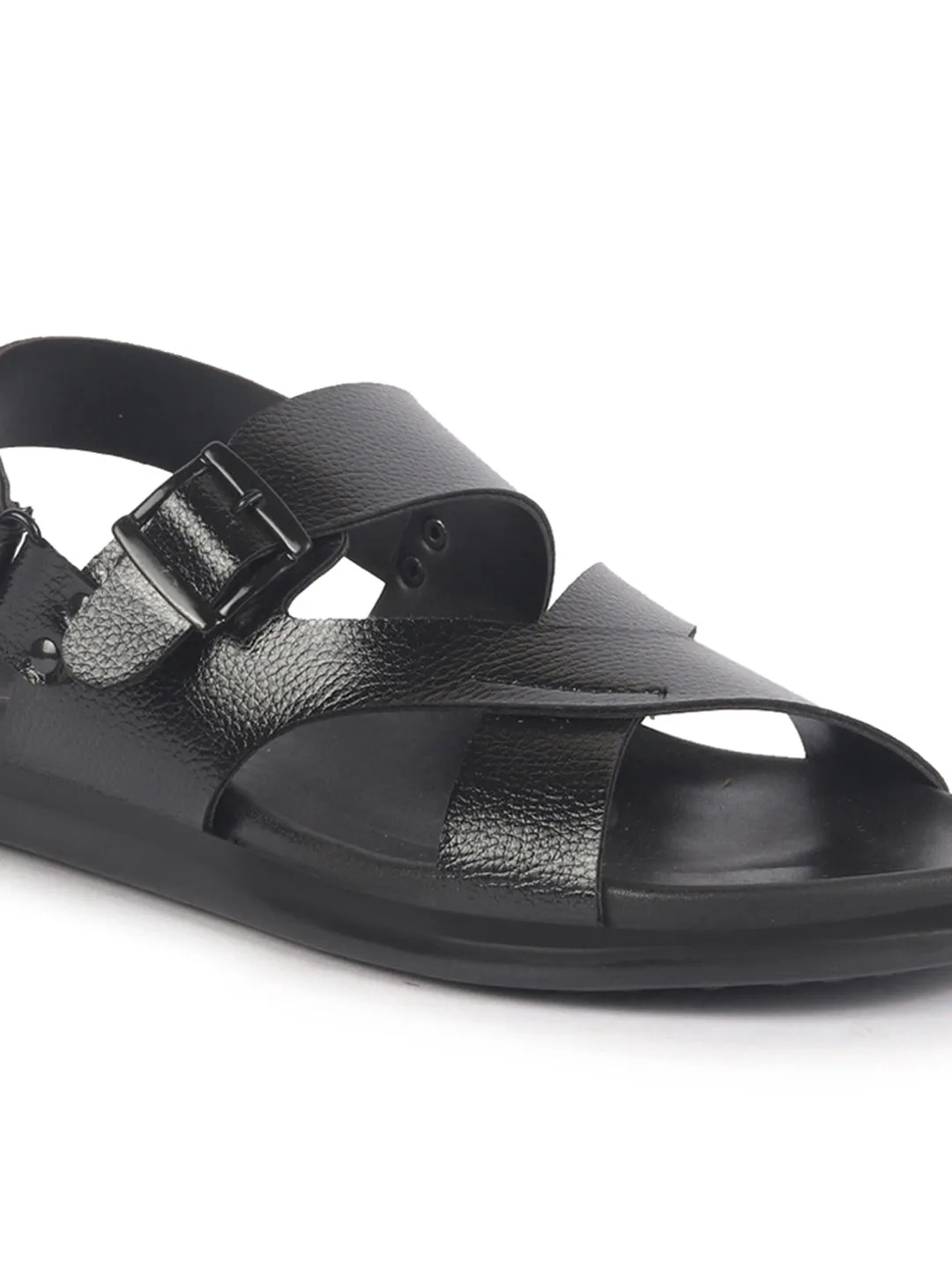 Men Black Open Toe Hook & Loop Adjustable Strap Criss Cross Dress Slip On Sandals|Non Skid Sole Slippers|PU PAD Insole