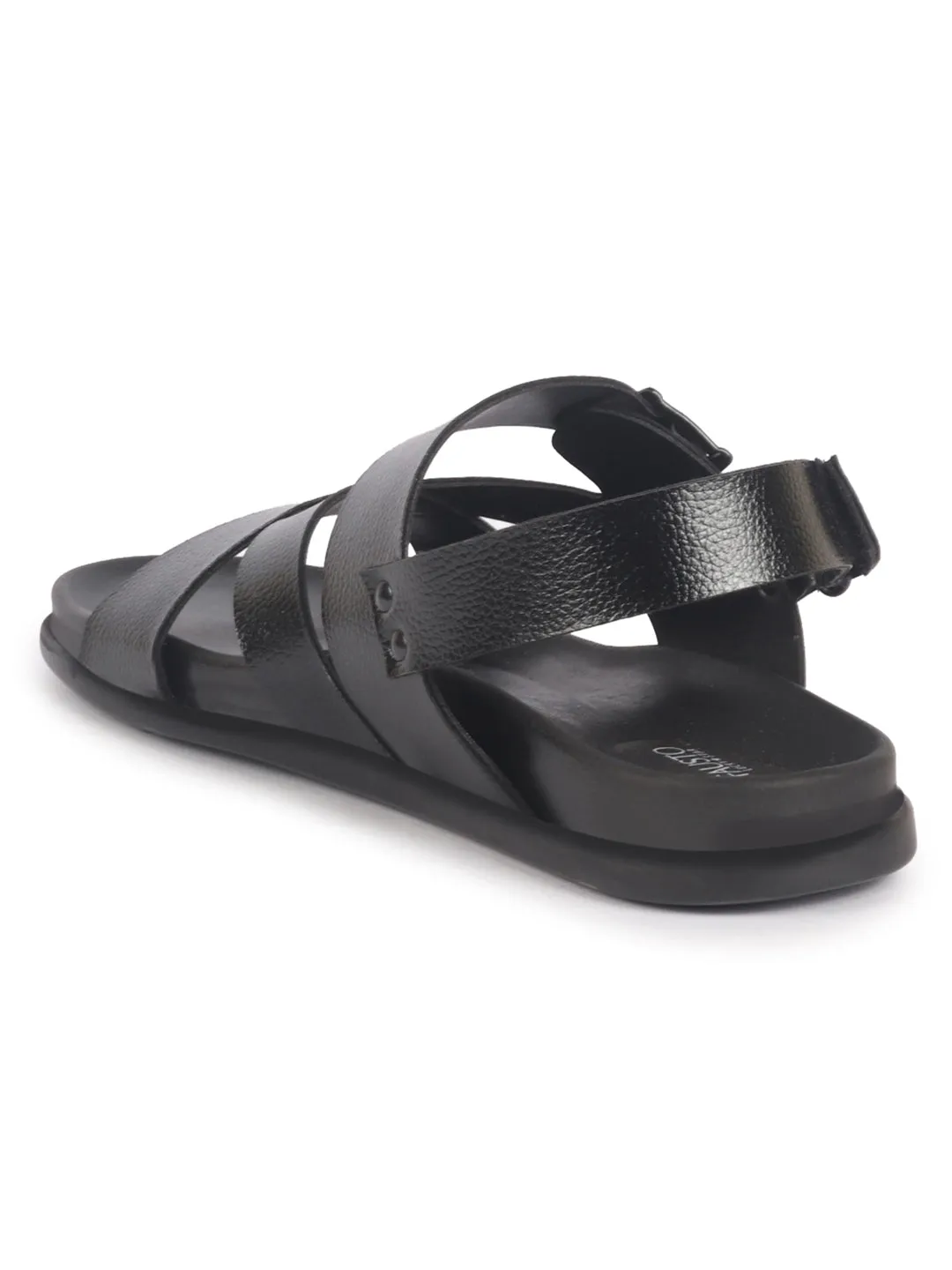 Men Black Open Toe Hook & Loop Adjustable Strap Criss Cross Dress Slip On Sandals|Non Skid Sole Slippers|PU PAD Insole