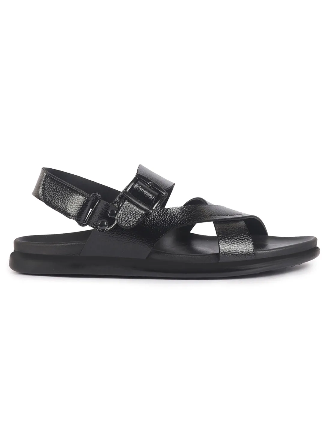 Men Black Open Toe Hook & Loop Adjustable Strap Criss Cross Dress Slip On Sandals|Non Skid Sole Slippers|PU PAD Insole