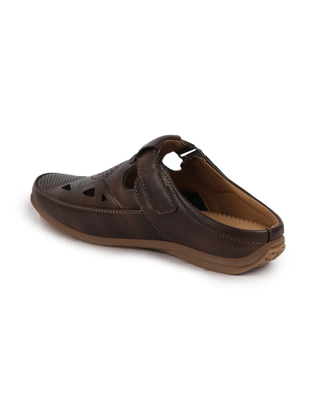 Men Brown Back Open Perforated Breathable Contrast Sole Casual Sandal|Adujstable Strap Stitched Slip On Sandal