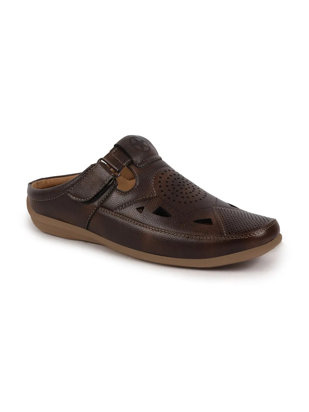 Men Brown Back Open Perforated Breathable Contrast Sole Casual Sandal|Adujstable Strap Stitched Slip On Sandal