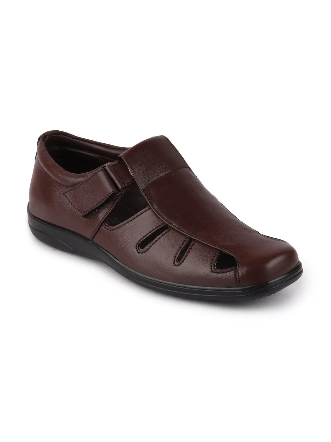 Men Brown Formal Leather Hook & Loop Flat Sandals