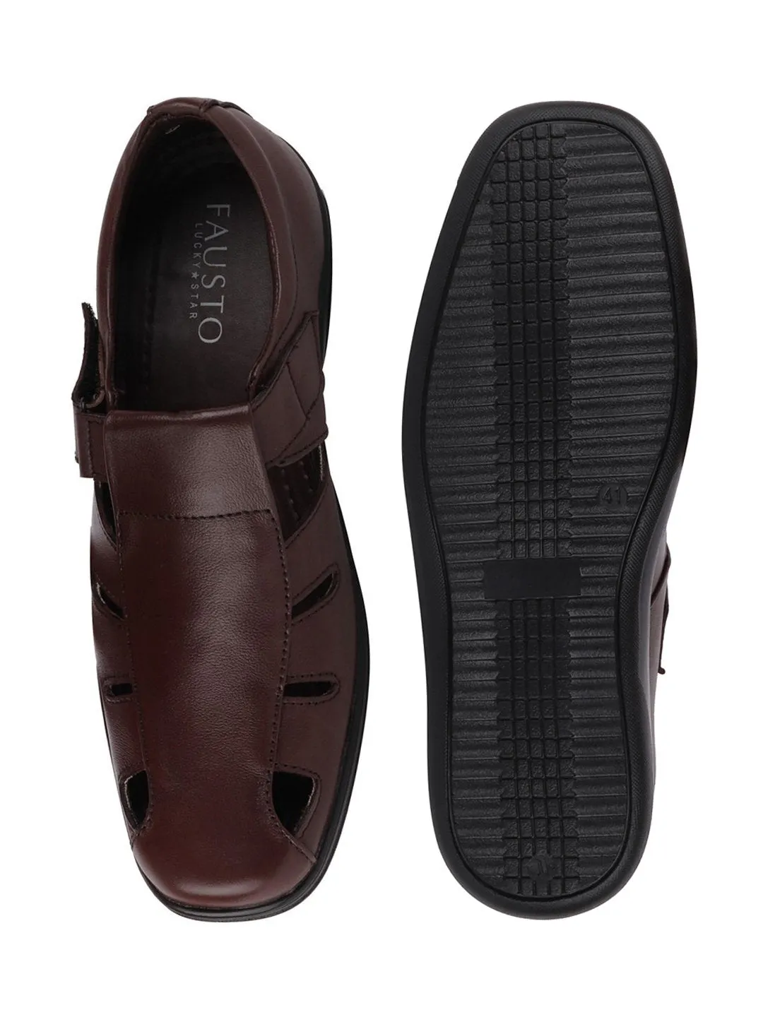 Men Brown Formal Leather Hook & Loop Flat Sandals