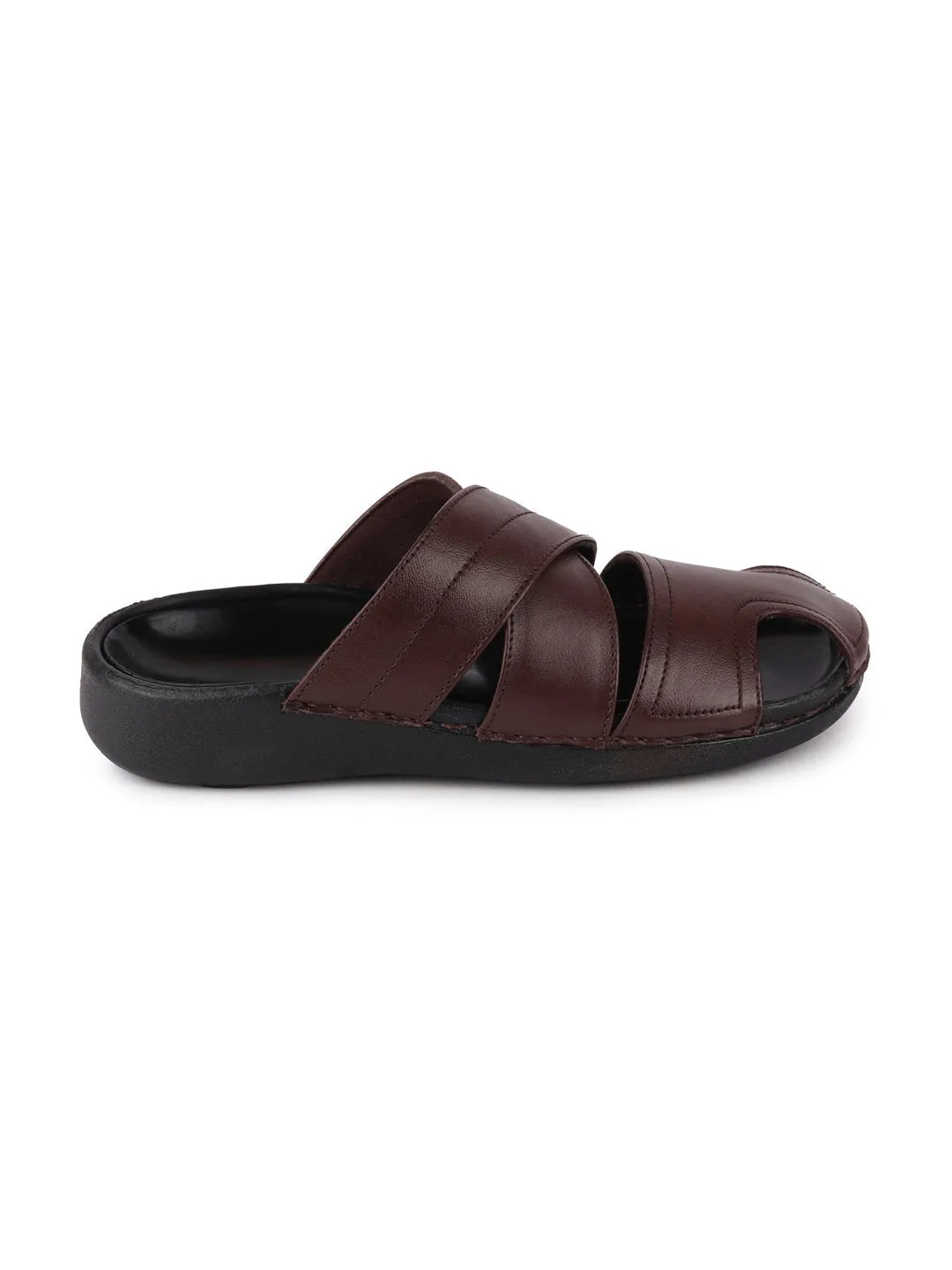 Men Brown Formal Leather Slip-On Flat Sandals