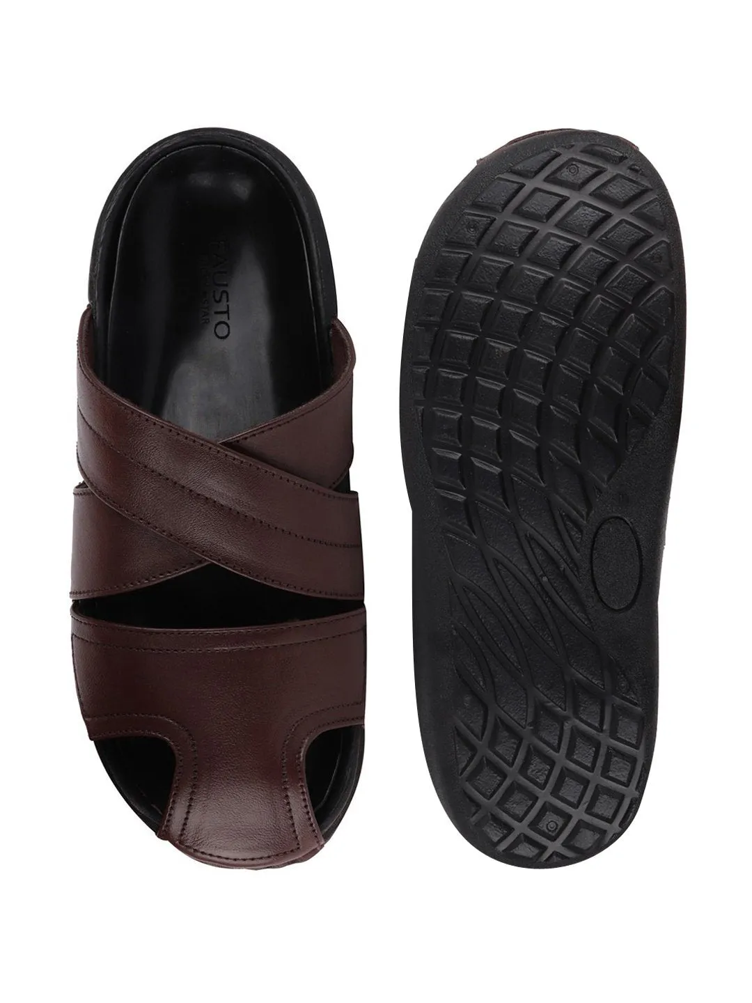 Men Brown Formal Leather Slip-On Flat Sandals