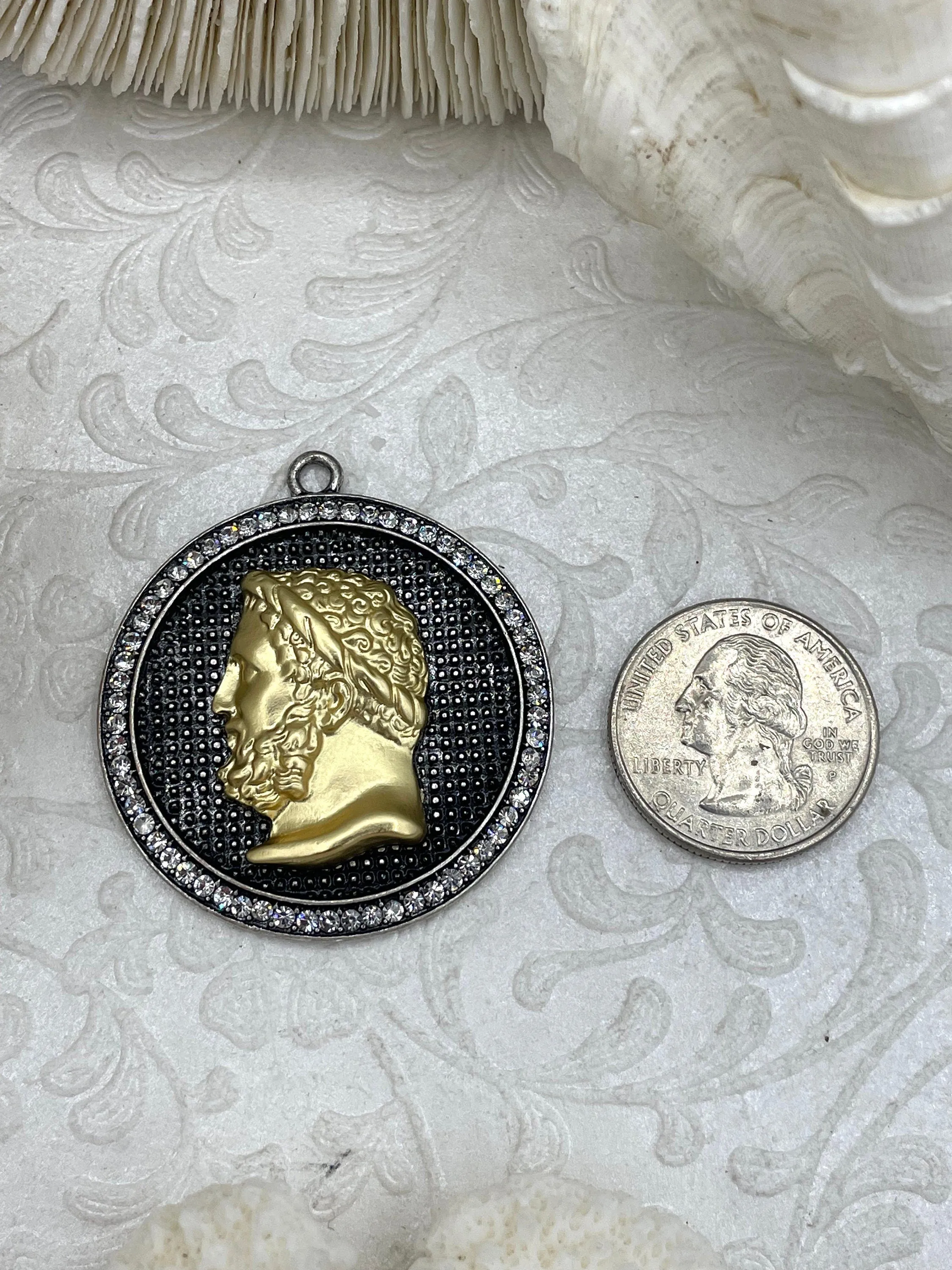 Mixed Metal Roman Figure Pendant with CZ, Round Roman Charm, Roman Figure, Roman Pendant, 9 Styles, Zinc Alloy & Cubic Zirconia, Fast Ship