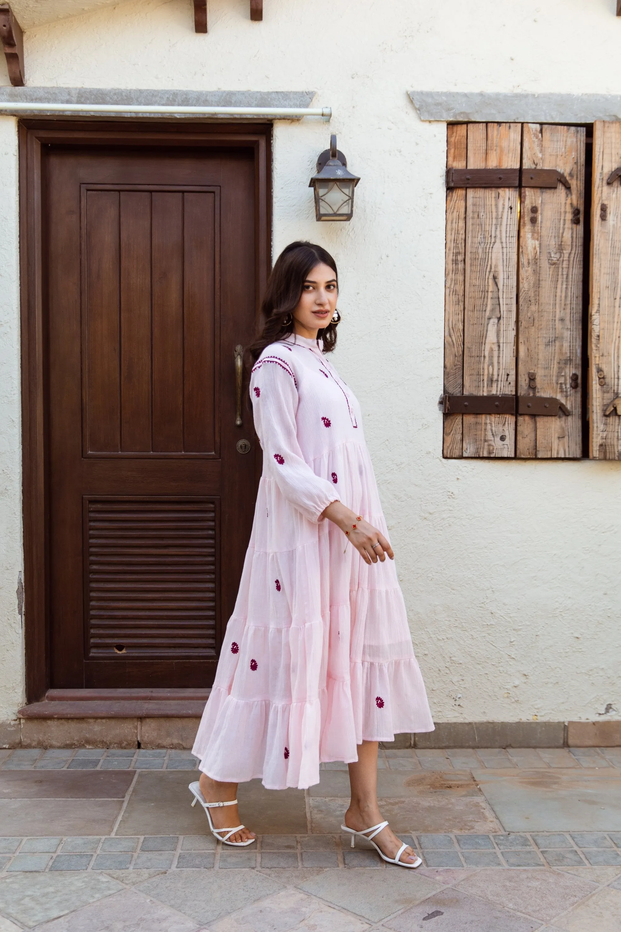 Pink cotton gauze embroidered dress