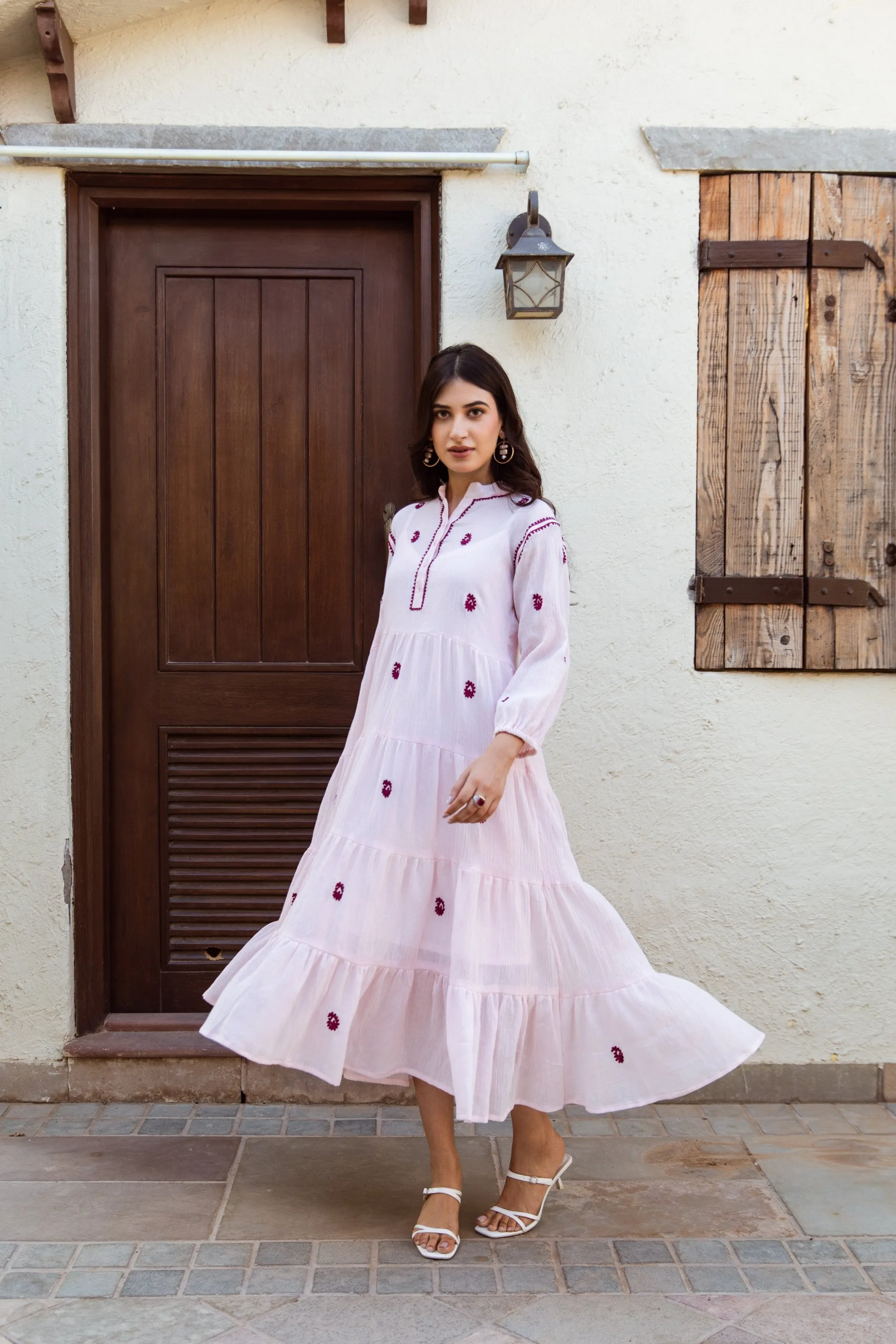 Pink cotton gauze embroidered dress