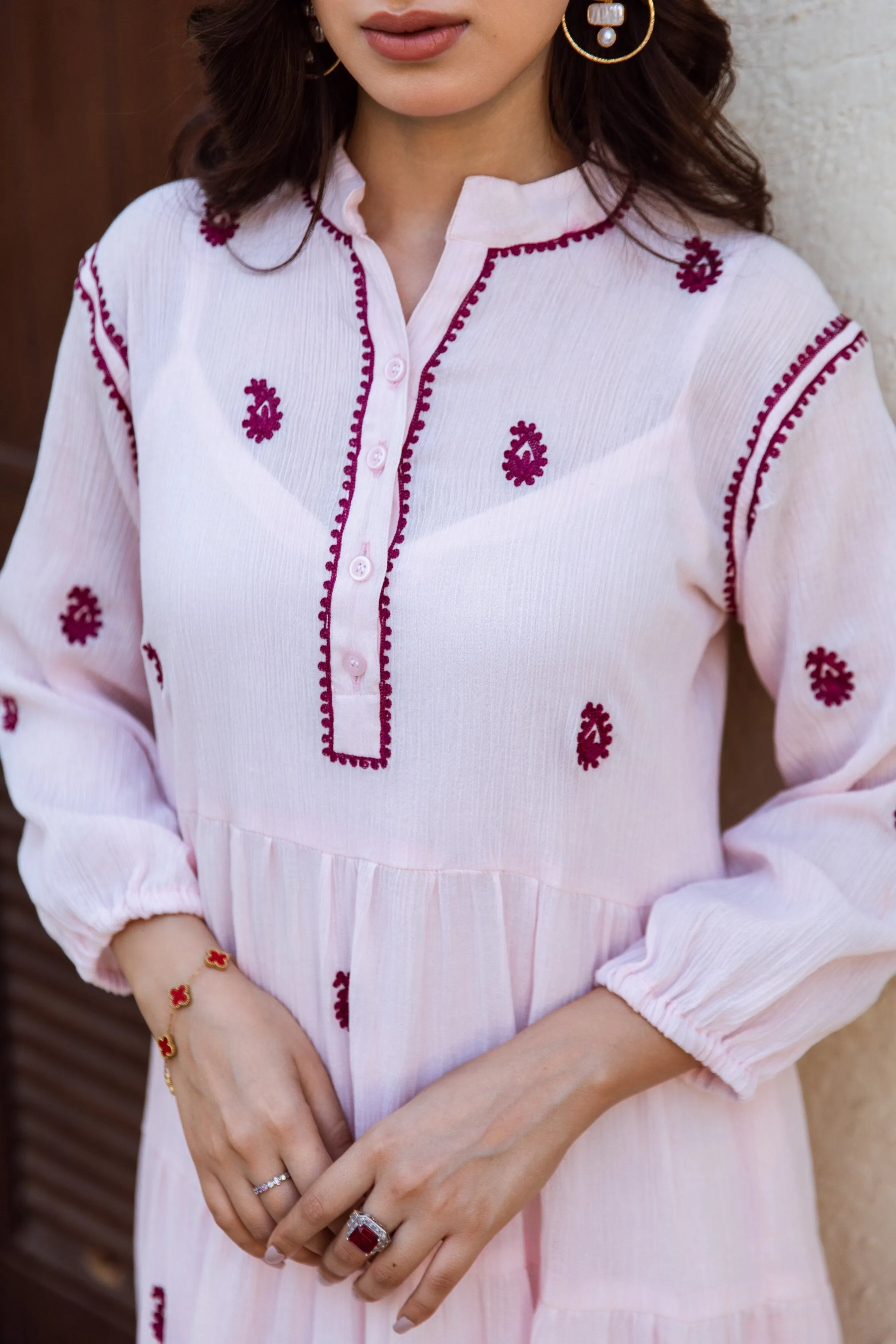 Pink cotton gauze embroidered dress