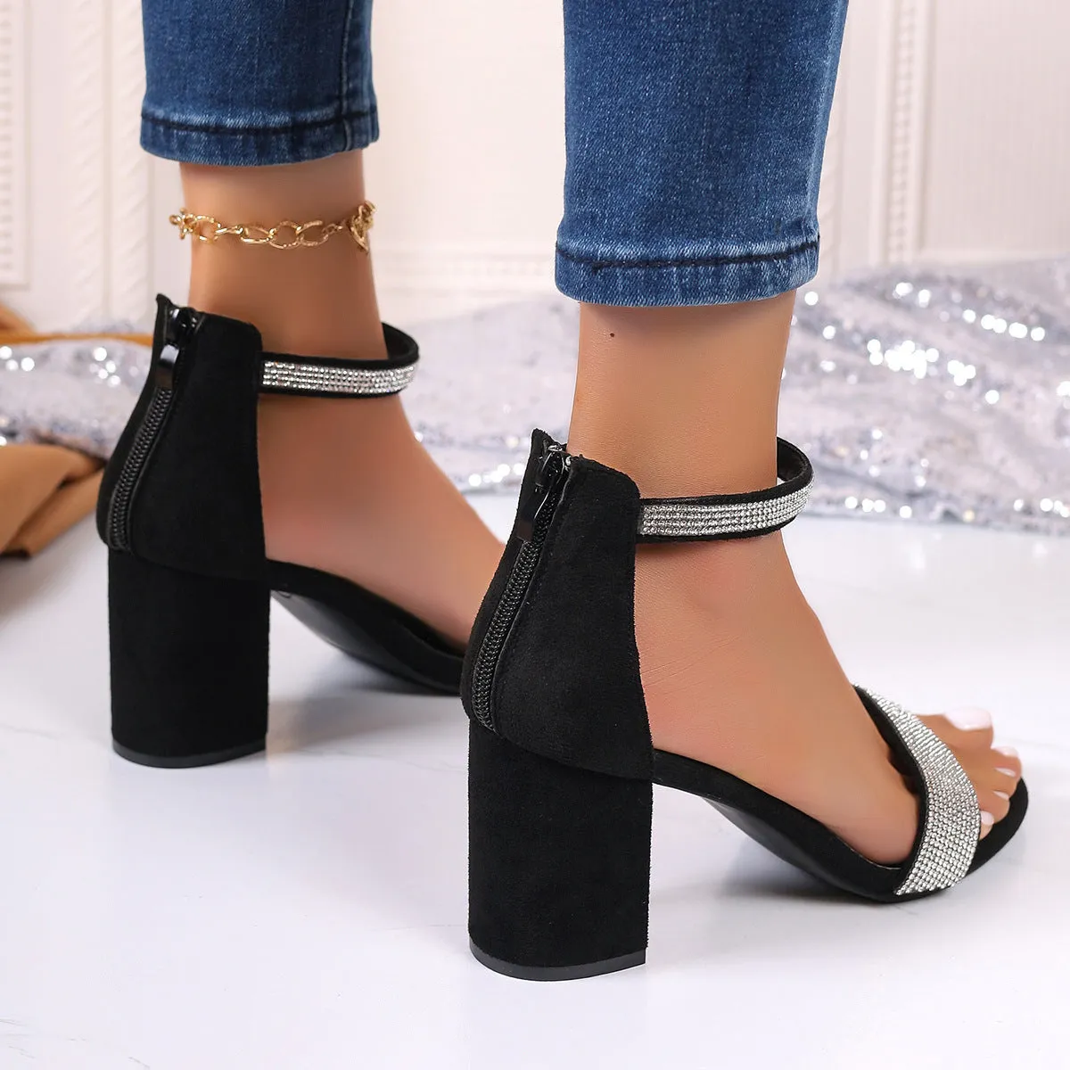 Rhinestone High Chunky Square Heel Sandals