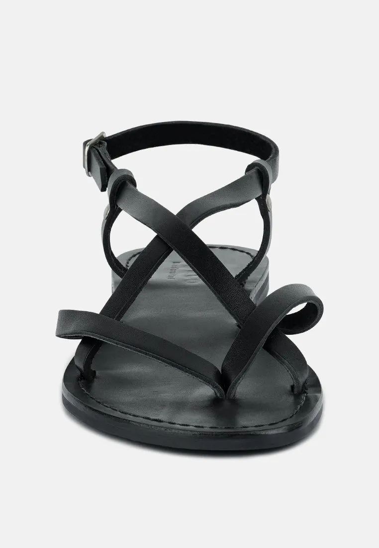 RITA Black Strappy Flat Leather Sandals