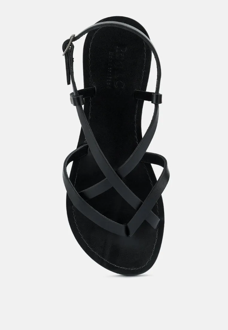 RITA Black Strappy Flat Leather Sandals