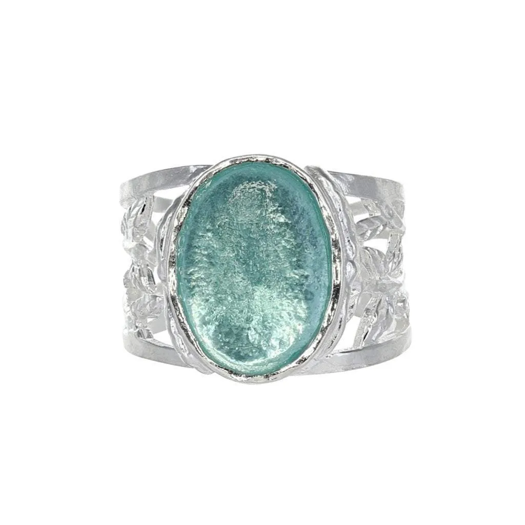 Roman Glass Ring with Sterling Silver Leaf Filigree Detail