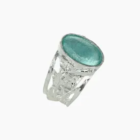 Roman Glass Ring with Sterling Silver Leaf Filigree Detail