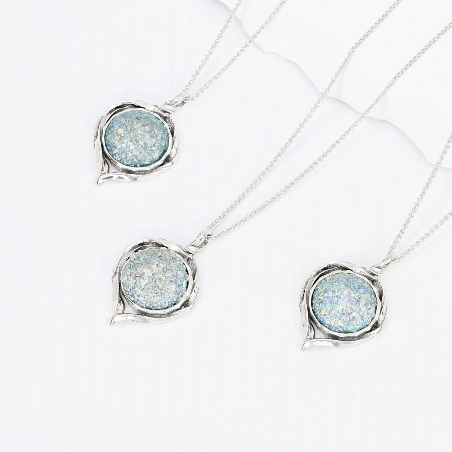 Roman Glass Small Round Pendant with Patina in Sterling Silver