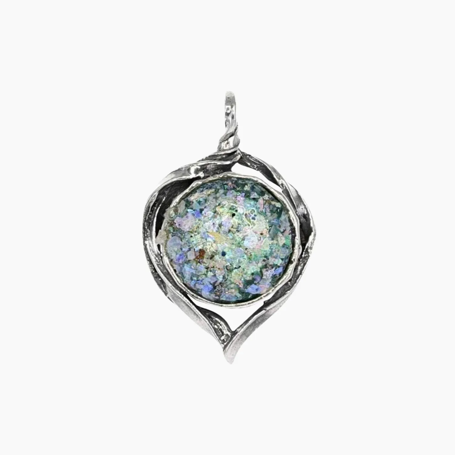 Roman Glass Small Round Pendant with Patina in Sterling Silver