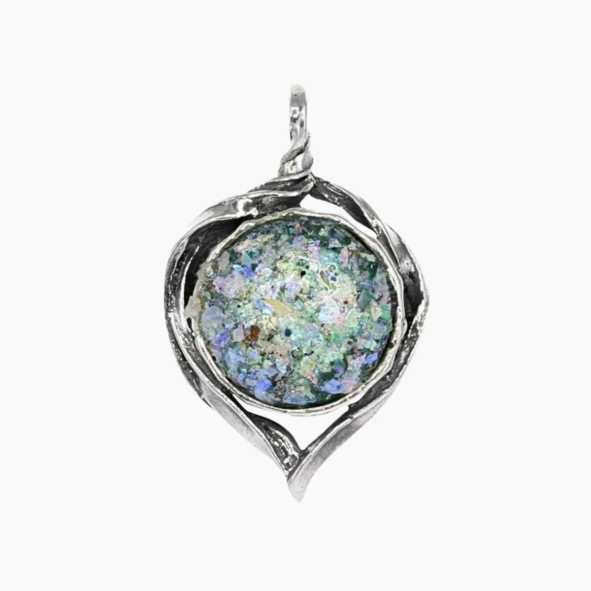 Roman Glass Small Round Pendant with Patina in Sterling Silver