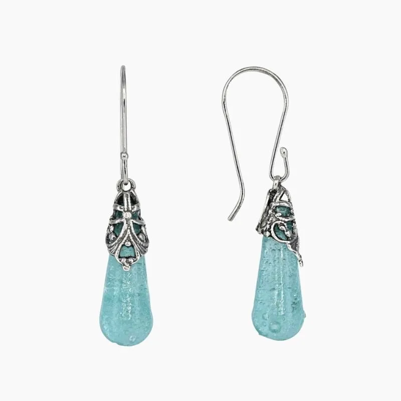 Roman Glass Translucent Dangle Earrings with Filigree