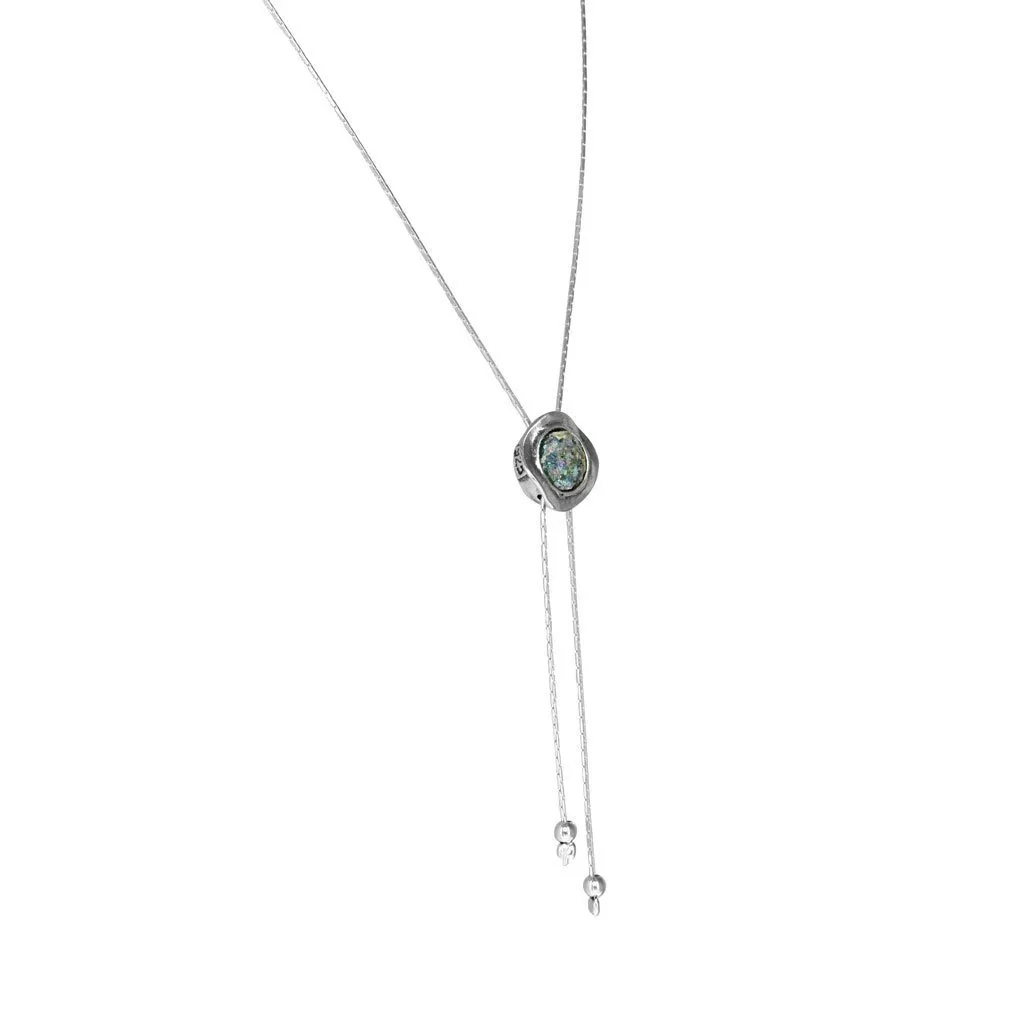 Small Roman Glass Round Bolo Necklace in Detailed Sterling Silver