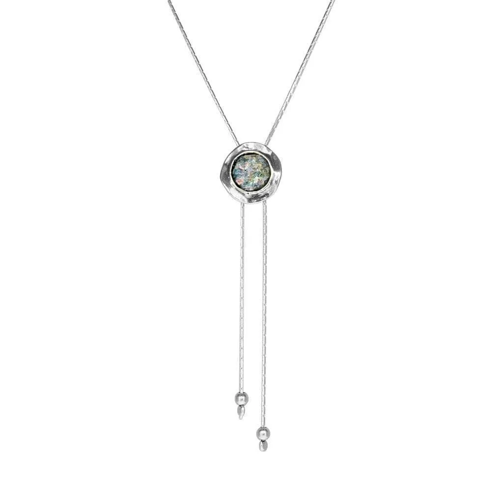 Small Roman Glass Round Bolo Necklace in Detailed Sterling Silver