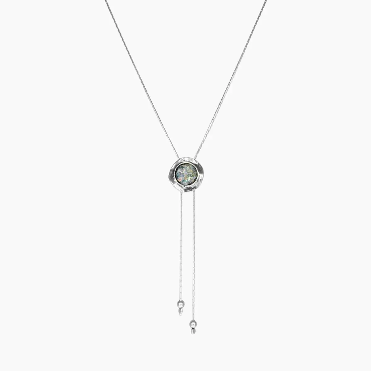 Small Roman Glass Round Bolo Necklace in Detailed Sterling Silver