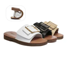 Women Leather Flats Buckle Top Ultra Soft Slides Summer Sandals Bera