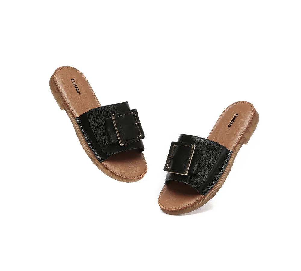 Women Leather Flats Buckle Top Ultra Soft Slides Summer Sandals Bera