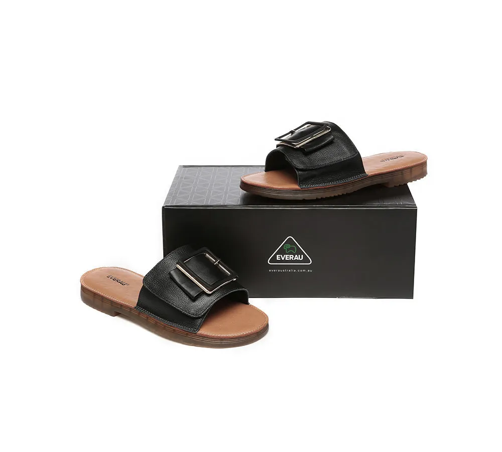 Women Leather Flats Buckle Top Ultra Soft Slides Summer Sandals Bera