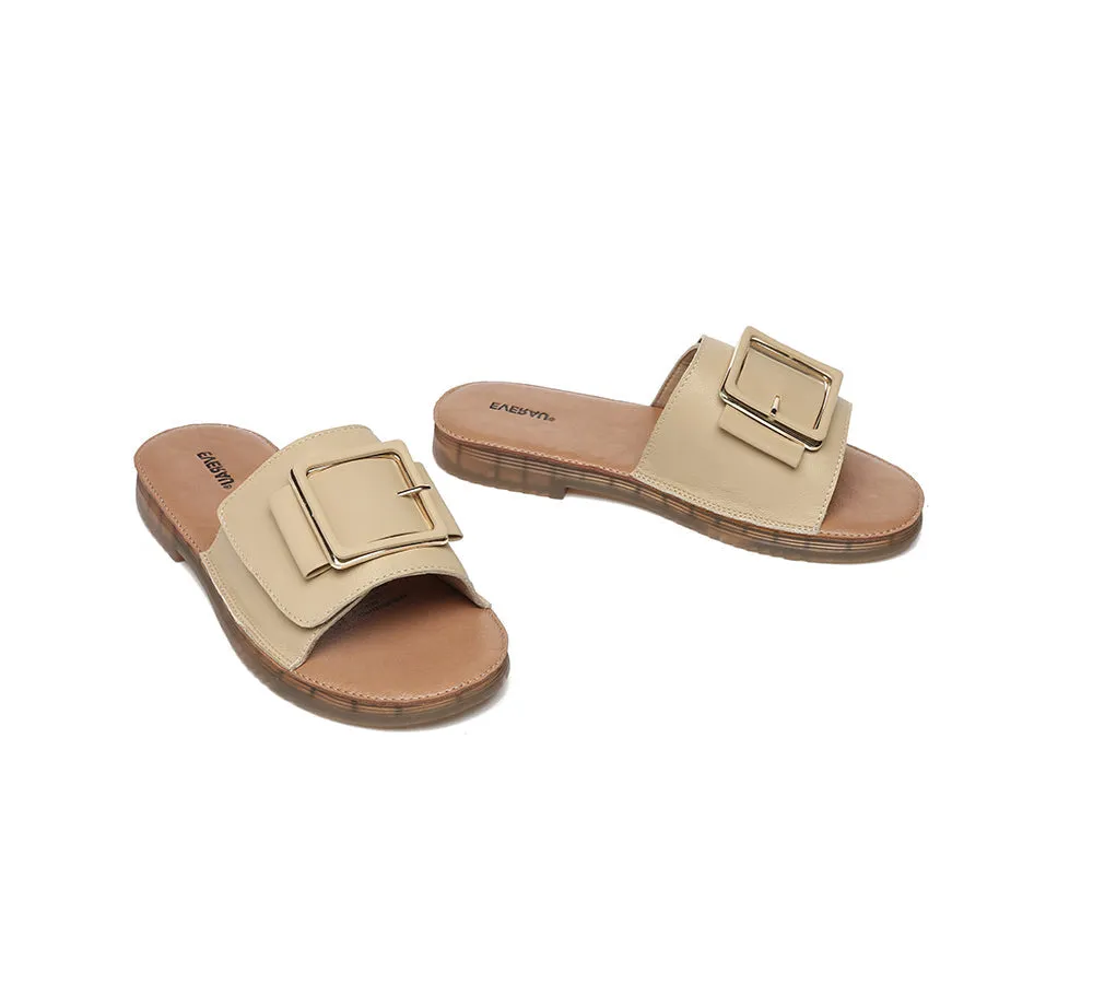 Women Leather Flats Buckle Top Ultra Soft Slides Summer Sandals Bera