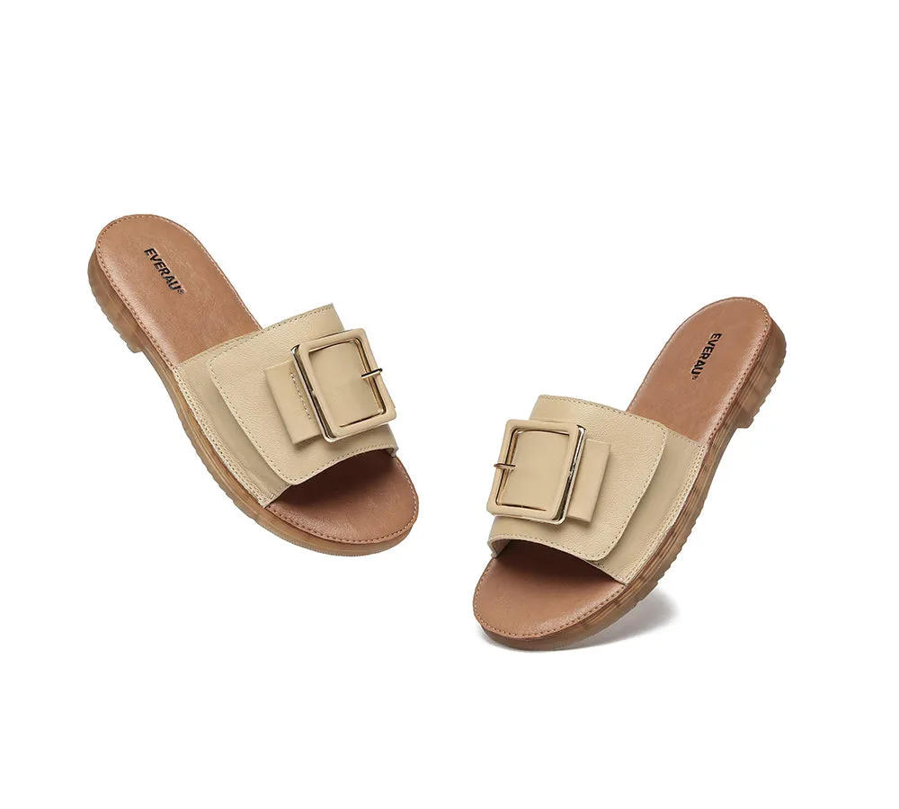 Women Leather Flats Buckle Top Ultra Soft Slides Summer Sandals Bera