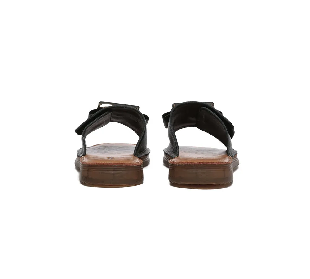 Women Leather Flats Buckle Top Ultra Soft Slides Summer Sandals Bera