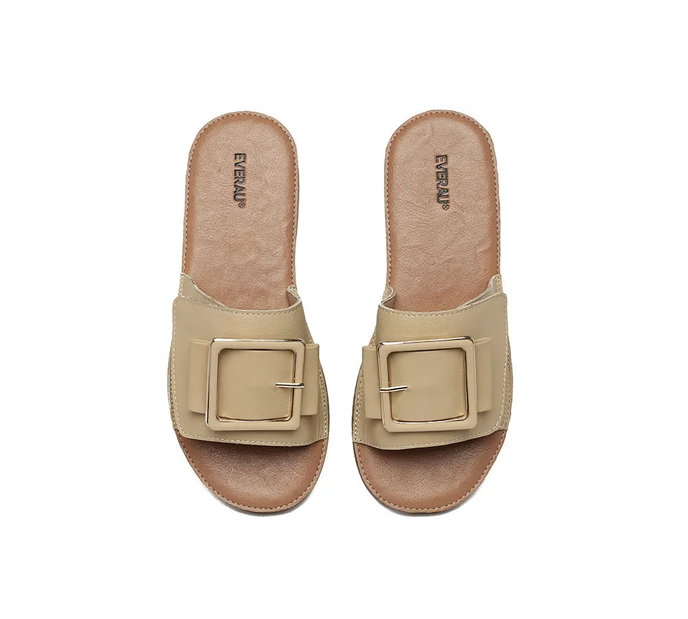 Women Leather Flats Buckle Top Ultra Soft Slides Summer Sandals Bera