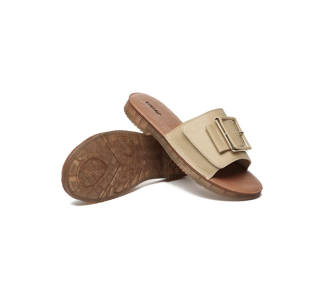 Women Leather Flats Buckle Top Ultra Soft Slides Summer Sandals Bera