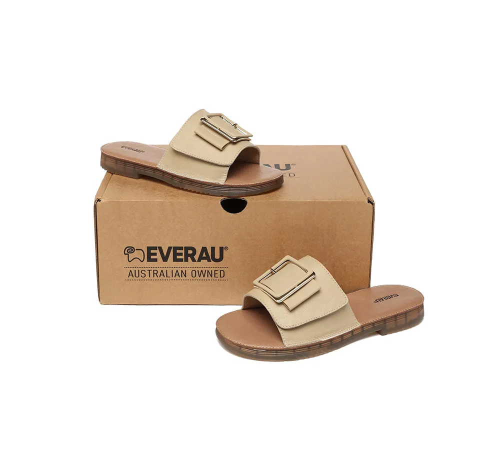 Women Leather Flats Buckle Top Ultra Soft Slides Summer Sandals Bera