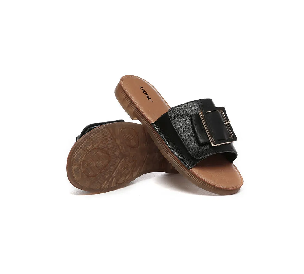 Women Leather Flats Buckle Top Ultra Soft Slides Summer Sandals Bera