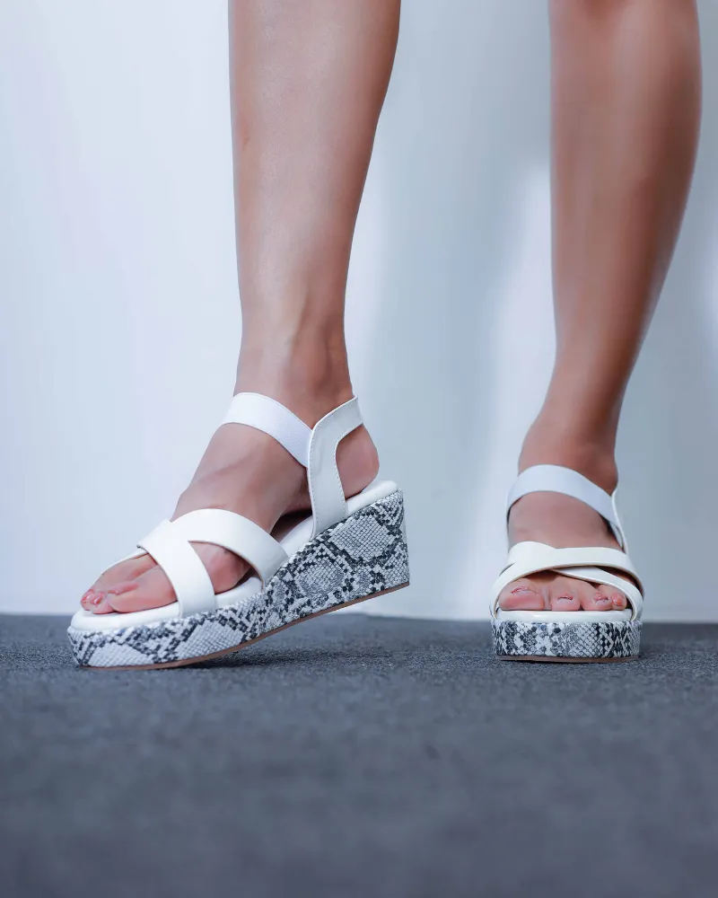 Women's Casual White Multi-strap Snakeprint Wedges