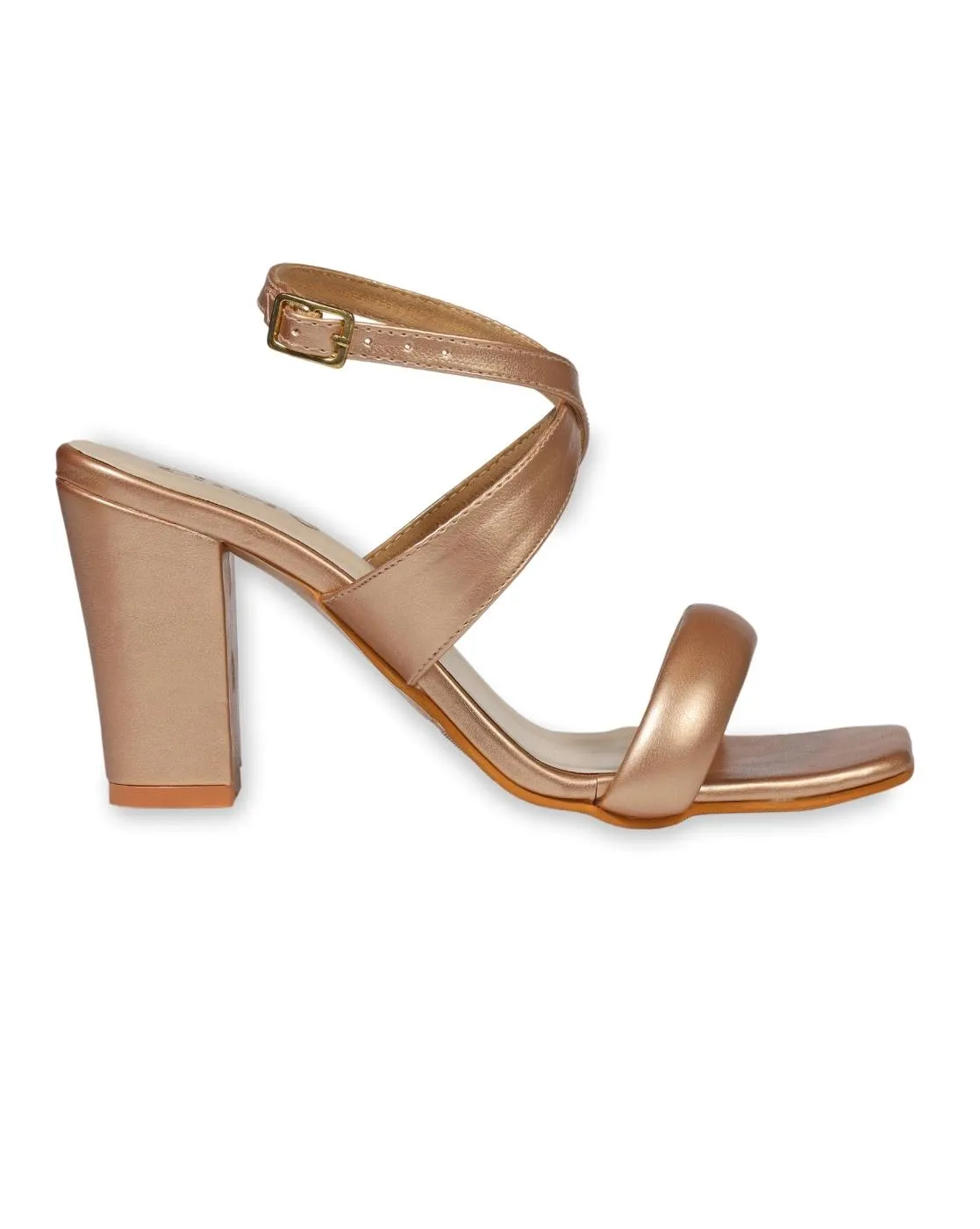 Women's Metallic Gold Cross Strap Chunky Block Heels