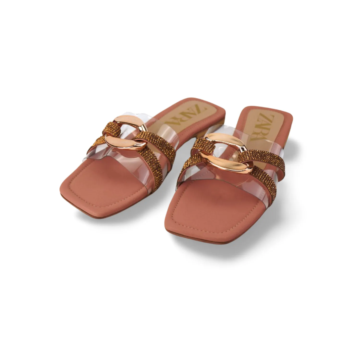 Women's Pink Flat Sandals with Clear Strap and Gold Chain Buckle