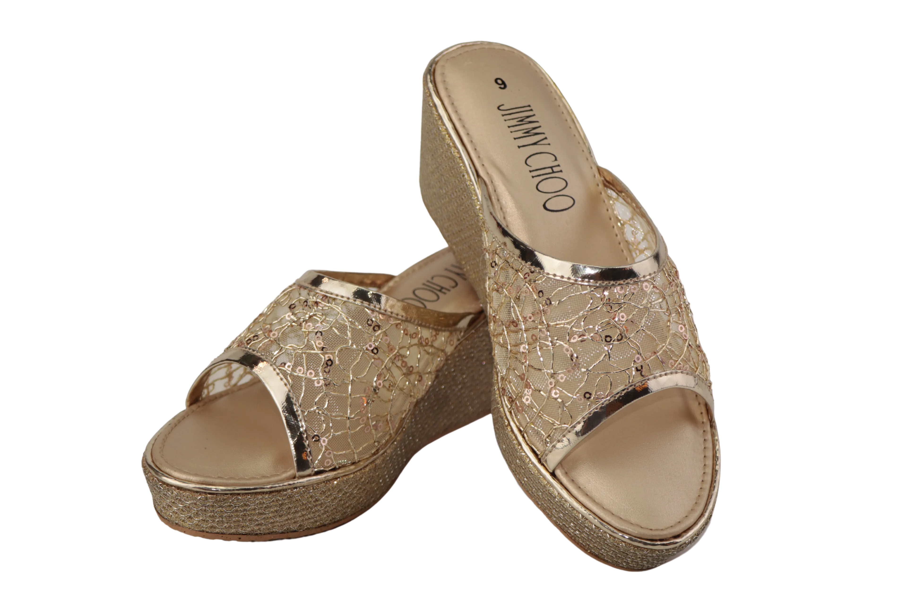 Women's Wedge Sandals with Lace and Sequins - 1005