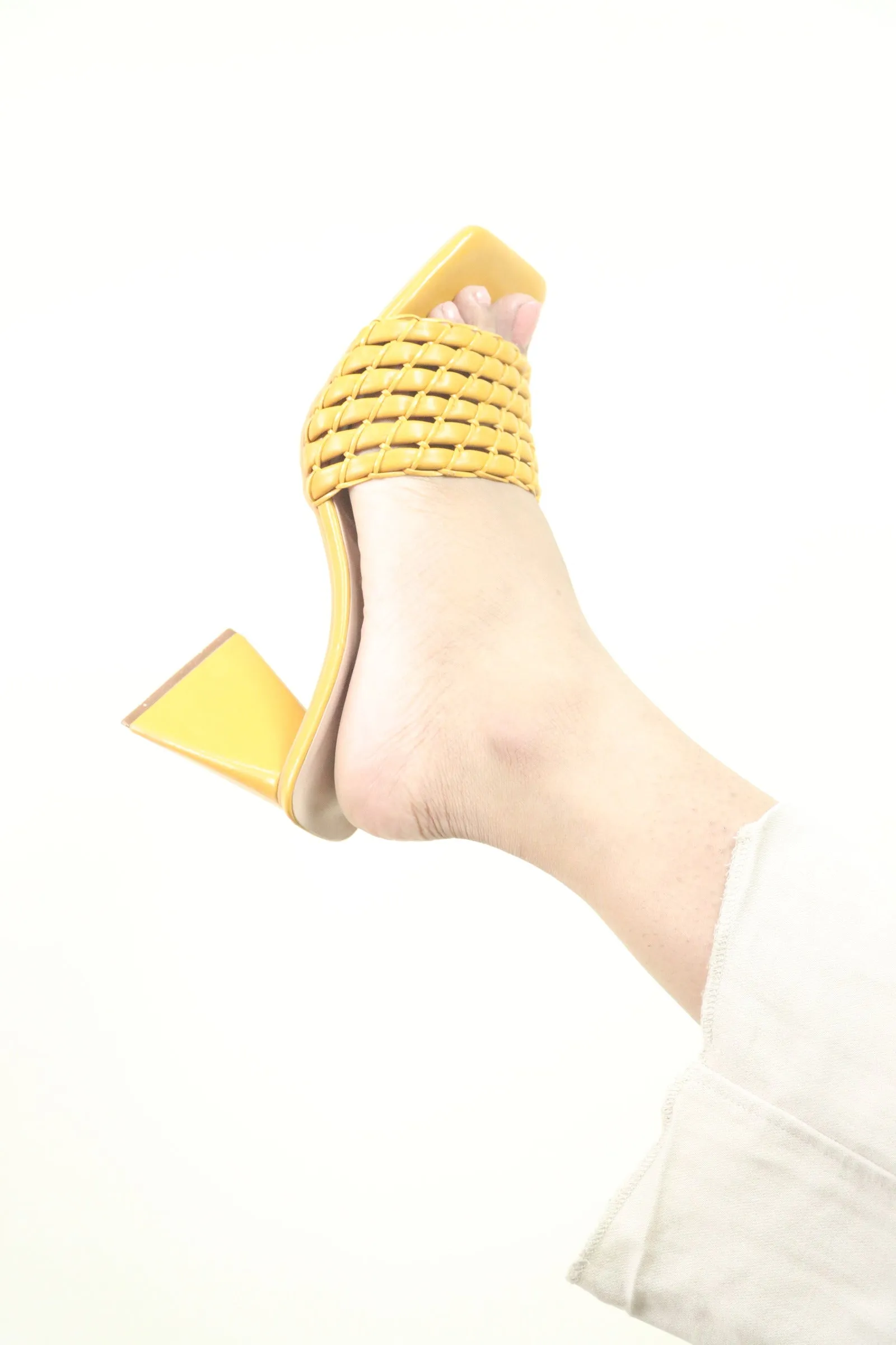 Women's Yellow Weaving Strap Triangular Block Heels