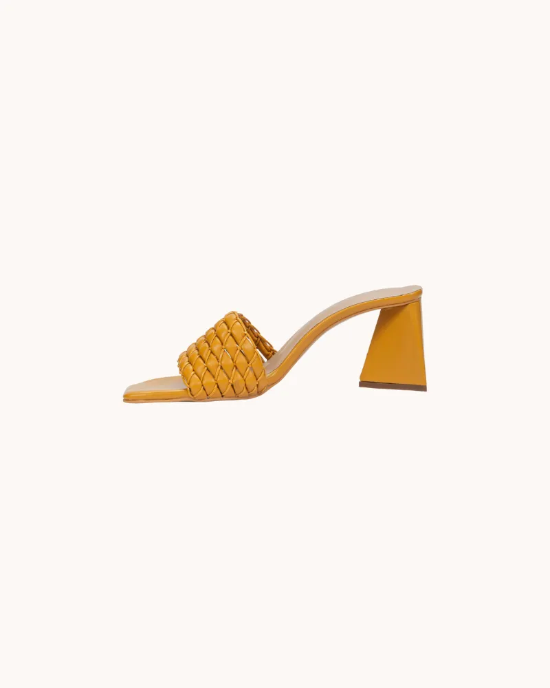 Women's Yellow Weaving Strap Triangular Block Heels