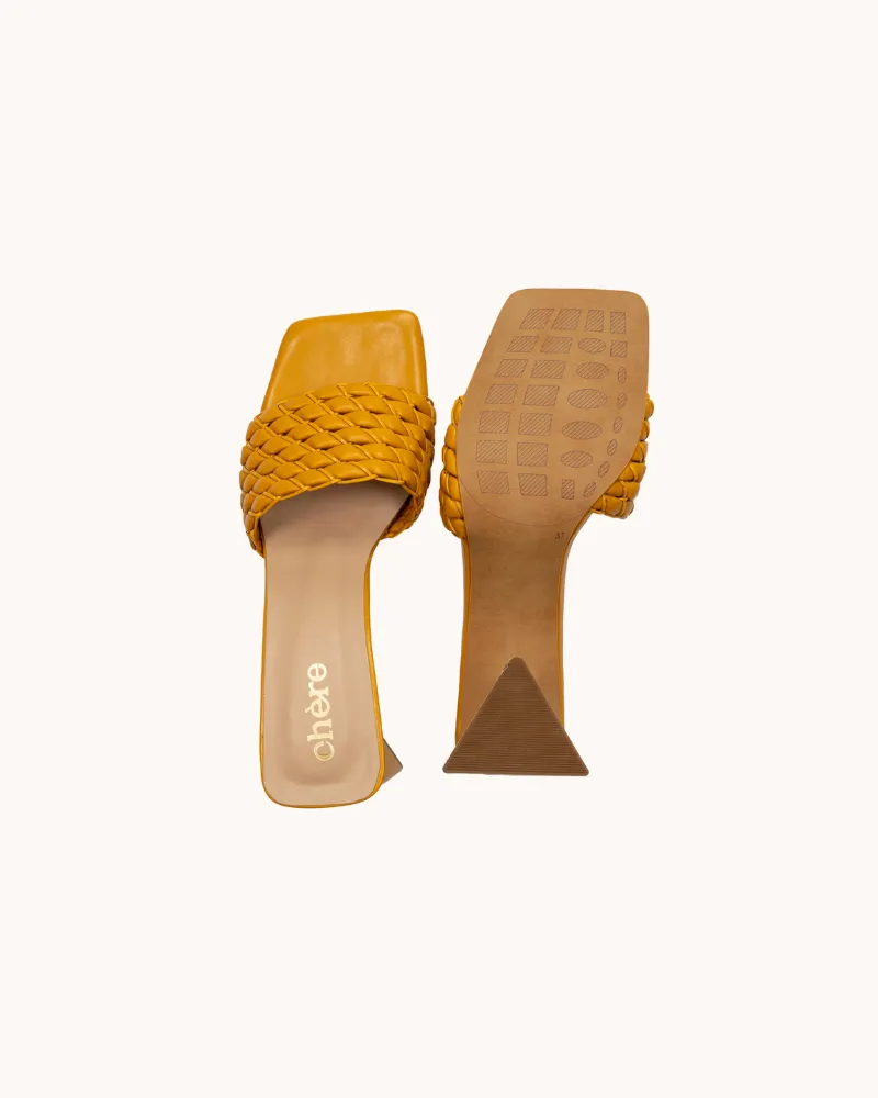 Women's Yellow Weaving Strap Triangular Block Heels