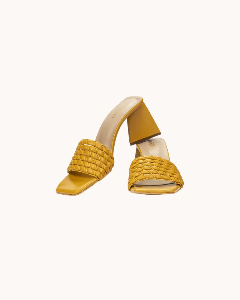 Women's Yellow Weaving Strap Triangular Block Heels