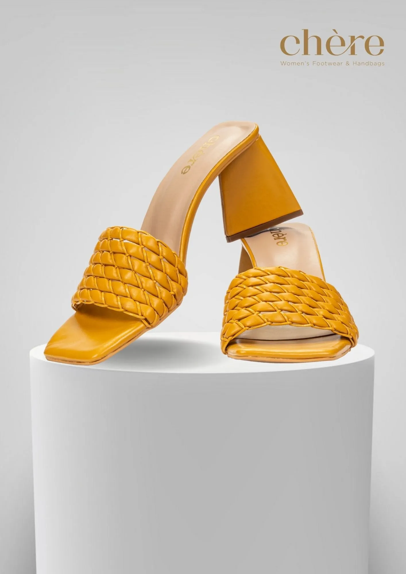 Women's Yellow Weaving Strap Triangular Block Heels