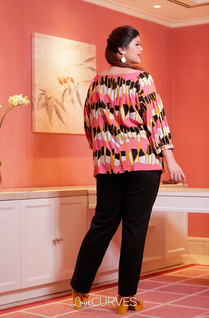 Yoke Drop Shoulder Puff Sleeves Top - Pink Windows