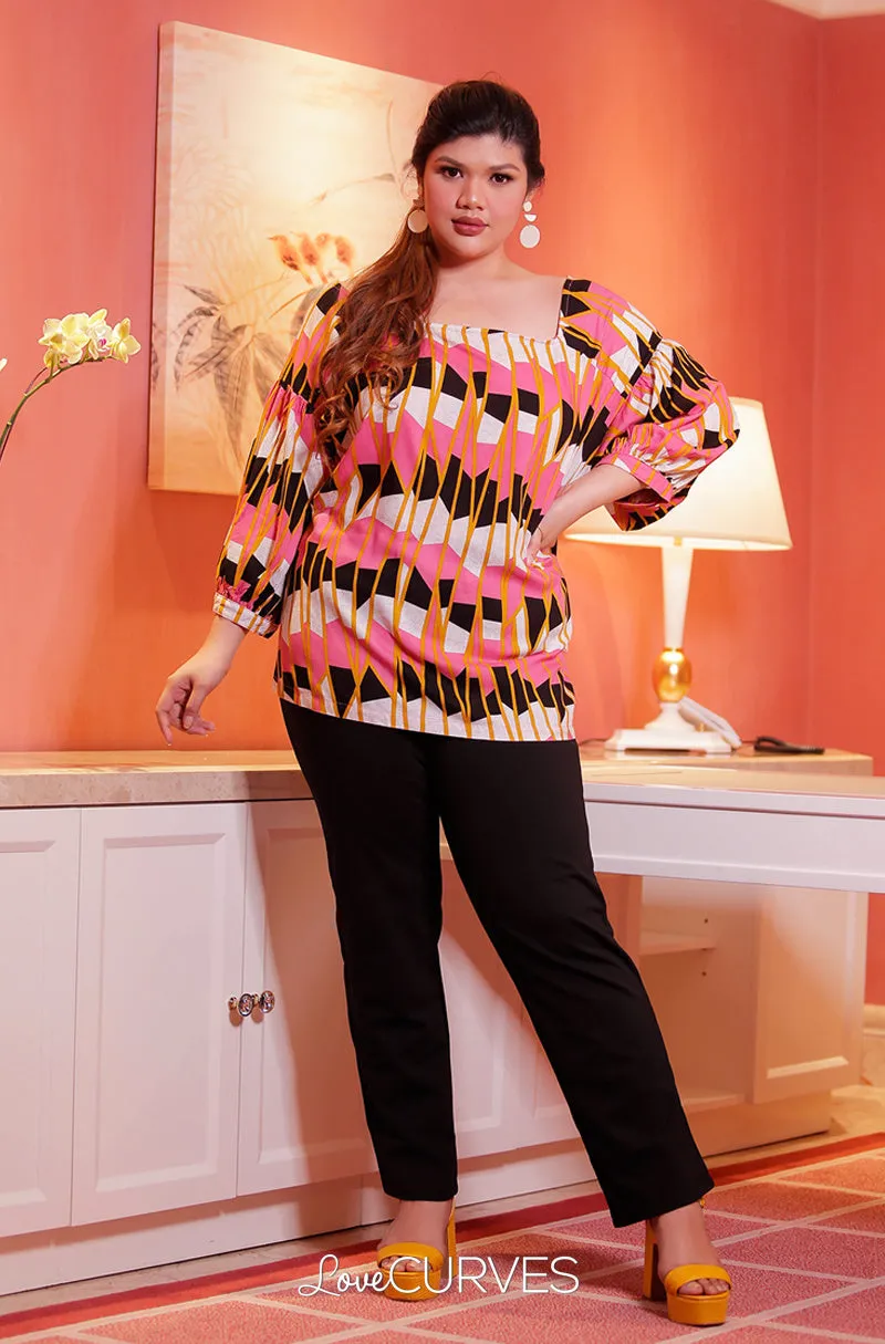 Yoke Drop Shoulder Puff Sleeves Top - Pink Windows